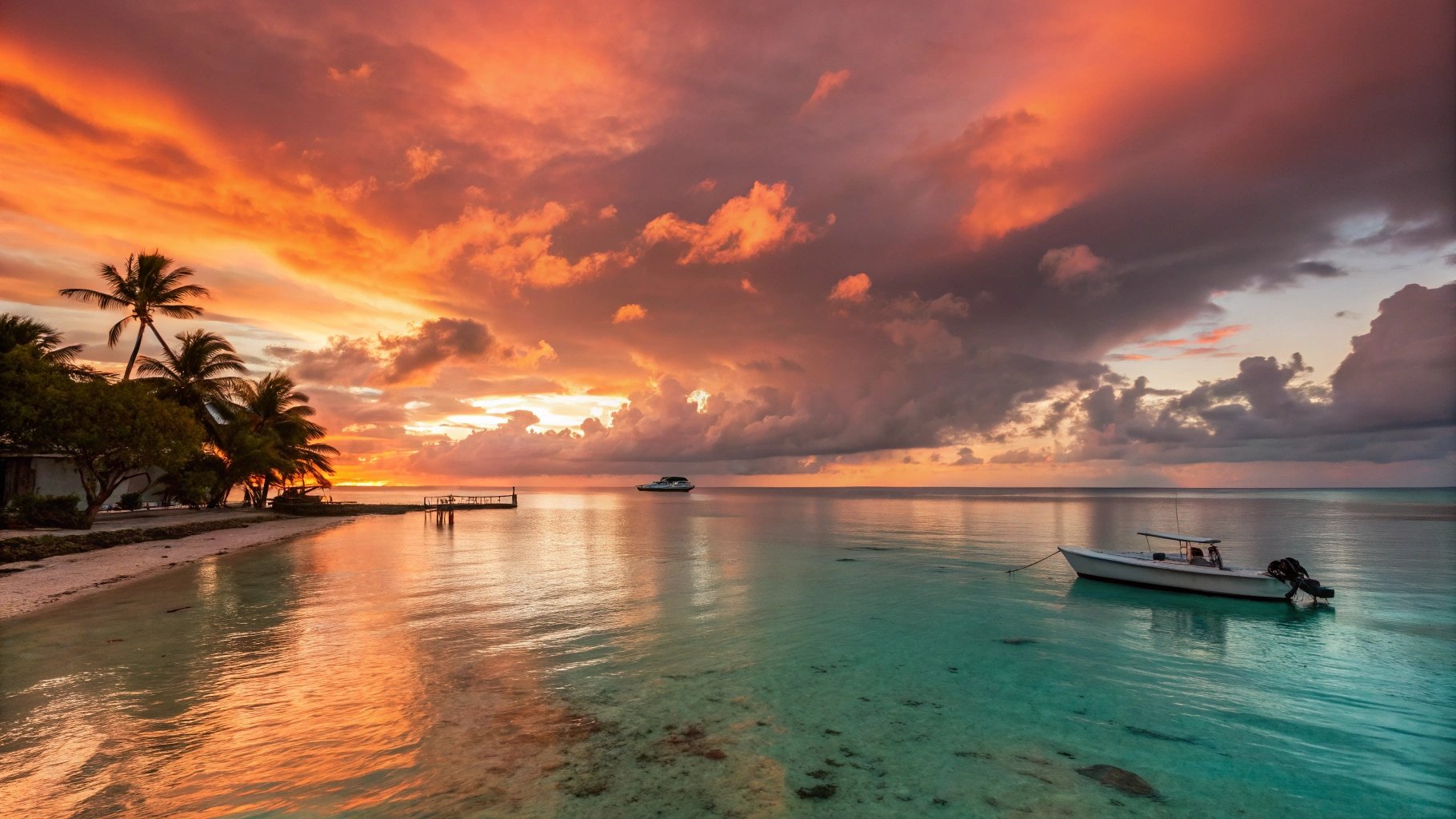 Sunset over the Caribbean from a boat off Ambergris Caye, Belize